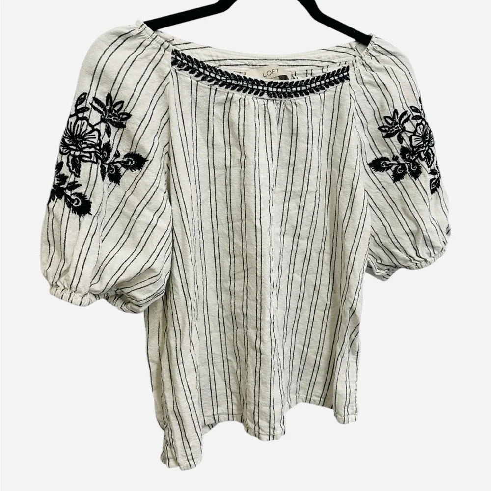 LOFT linen/cotton black white striped embroidered puff sleeve blouse Size S